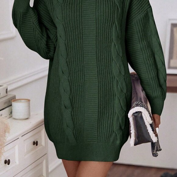 Mint Green Casual Womens Turtleneck Cable Knit Drop Shoulder Sweater Dress - Picture 3 of 5